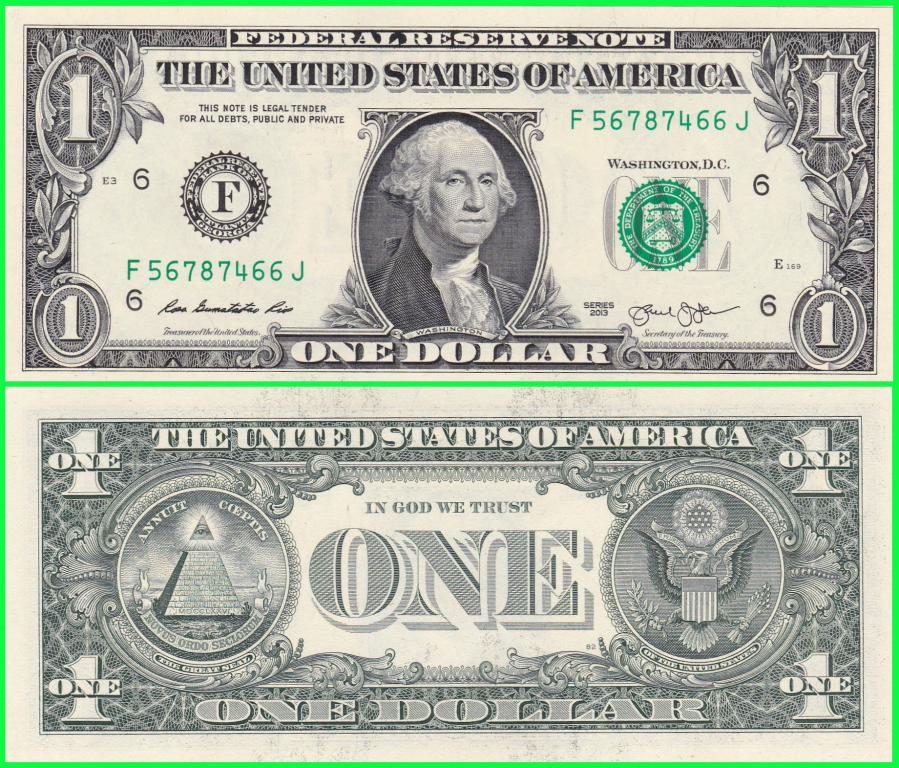Банкнота США - 1 доллар 2013 год. Серия F ( F 56787466 J )  ПРЕСС !!  UNC !!
