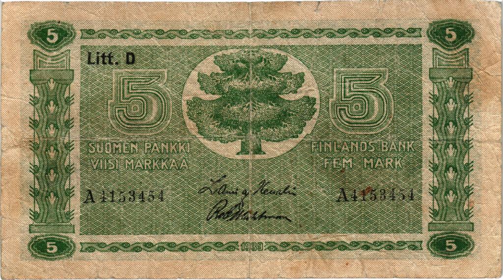 5 марок 1939 год Финляндия 