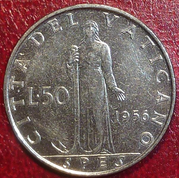 Ватикан 50 лир 1956 года. А. KM54.2.