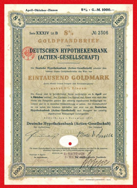 Германия, Немецкая ипотечный банк, золотая облигация 1000 марок золотом, 1927, № 2306, ВЗ, КОНГРЕВ