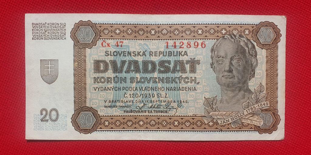 20 крон "Slovenská Národná Banka" без перфорации !!!!, 1942 г, Словакия - сателлит Германии