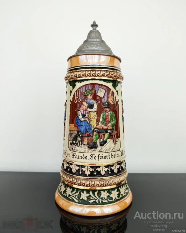 Антикварная пивная кружка Керамика Начало 20 века Германия Ручная роспись Объём 1литр