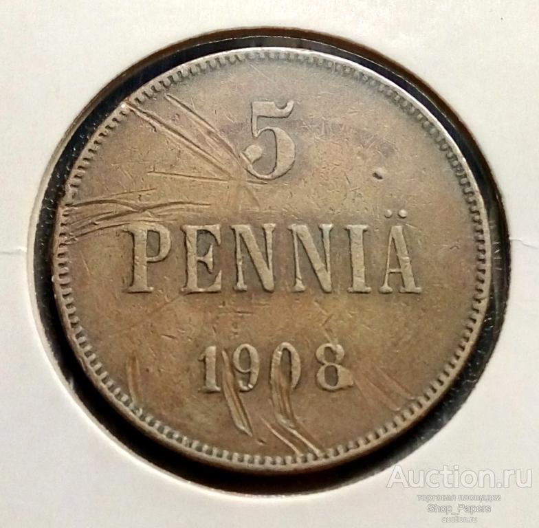 Финляндия Великое Княжество 5 пенни 1908 Николай II МЕДЬ ОРИГИНАЛ