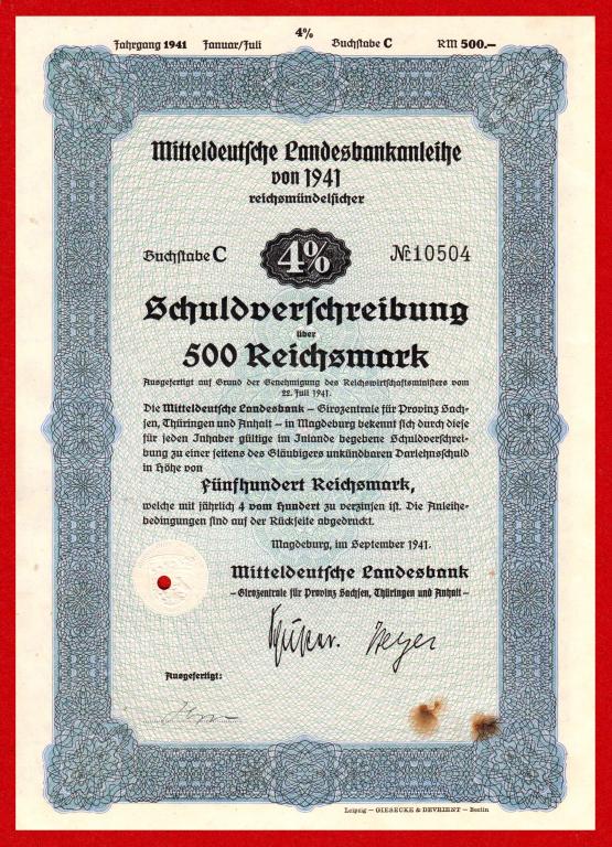 III Рейх, Магдебург, Среднегерманский ипотечный банк, облигация 500 рейхсмарок 1941, 10504 БЕЗ СГИБА