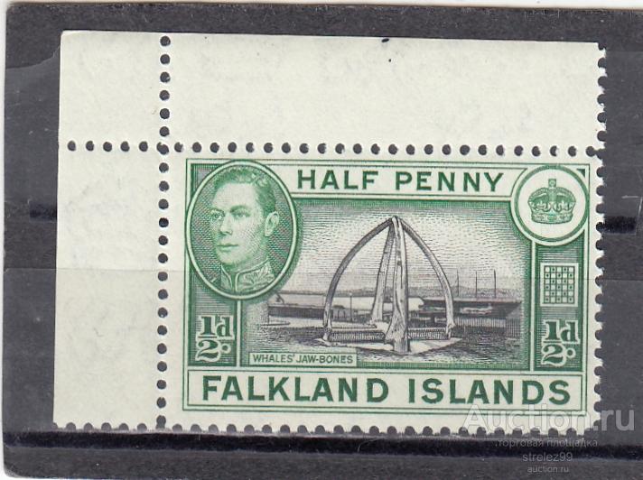 FALKLAND ISLANDS ФОЛКЛЕНДЫ   Памятник Челюсти китов   № 78  1938  Угол  Сост**  MNH