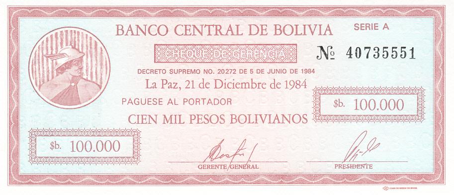 Боливия Банкнота 10 центаво 1987 год на 100000 песо 1984 год  UNC (13492)