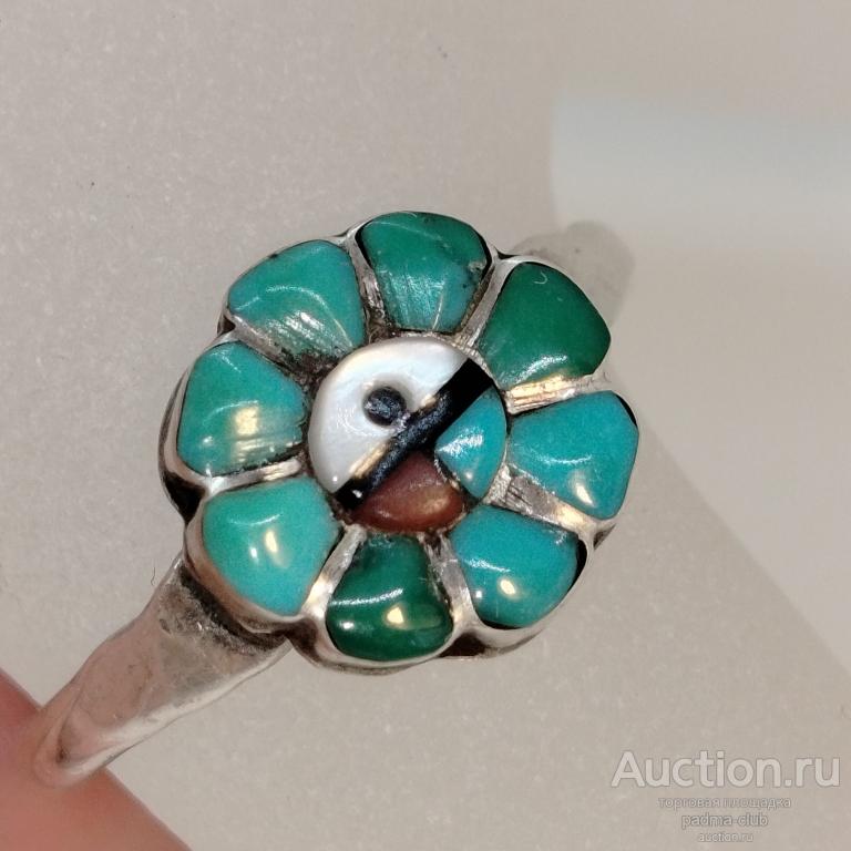 Винтажное кольцо 925 Незабудка 18 размер бирюза, коралл, оникс, перламутр