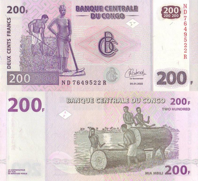 Заир/ДР Конго 200 франков 2022 P99c пресс unc