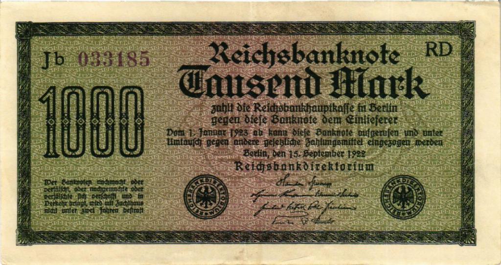 1000 марок 1922 Германия  в/з Kreuzbluten, номер фиолетовый (арт.X15-0511)
