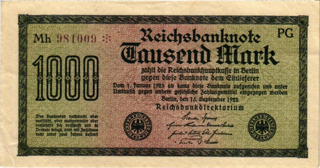 1000 марок 1922 Германия  в/з Kreuzbluten, номер фиолетовый (арт.X15-0512)