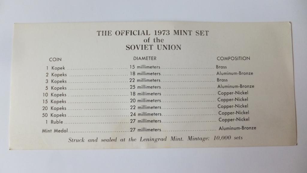 Сертификат от годового набора монет СССР 1973 г.