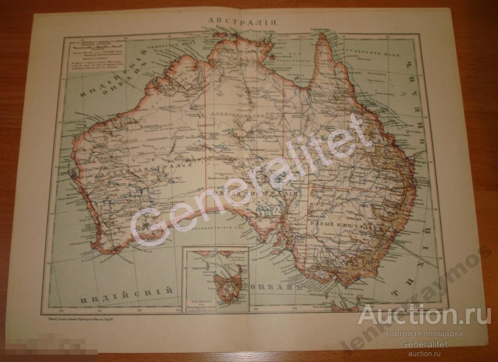 Карта континент Австралия 19 век Оригинал Литография Брокгауз 
