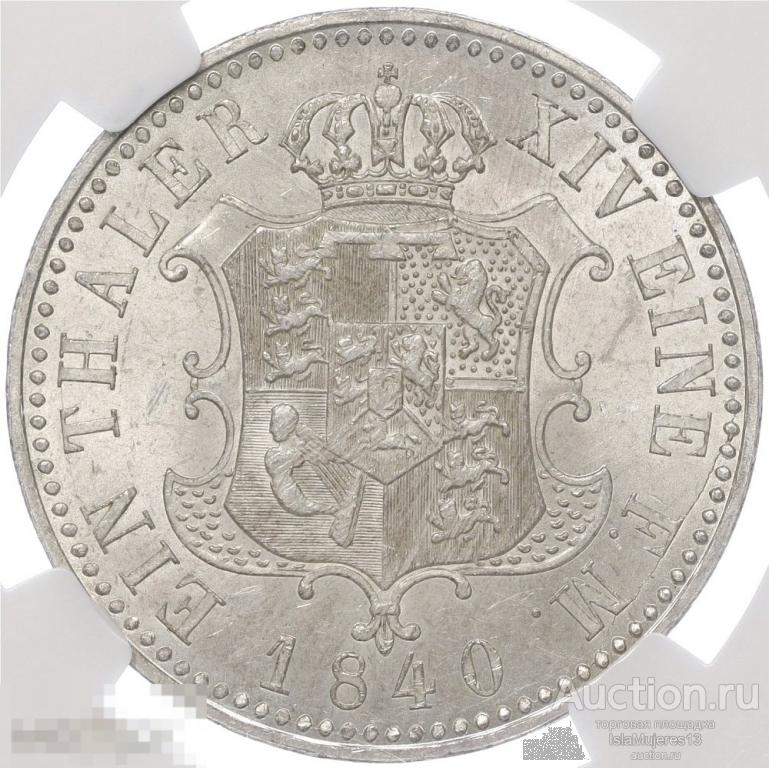 1 талер 1840 года Ганновер в слабе NGC MS62 