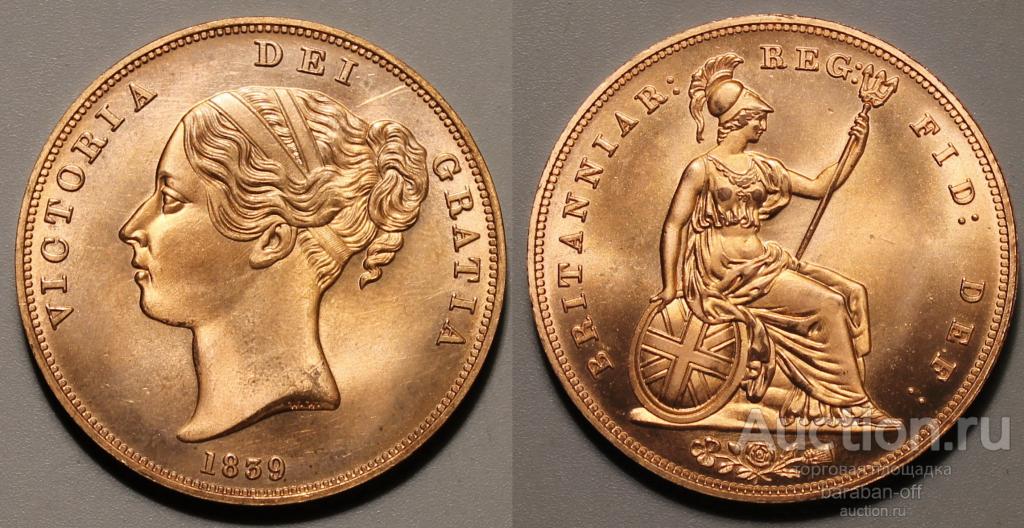Великобритания 1 пенни 1839. Королева Виктория. Качество UNC ! Красная медь. Видео !