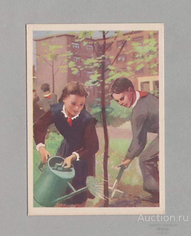 Открытка СССР Труд Пионерия 1961 Мельников чистая соцреализм детство дети пионерский галстук школа