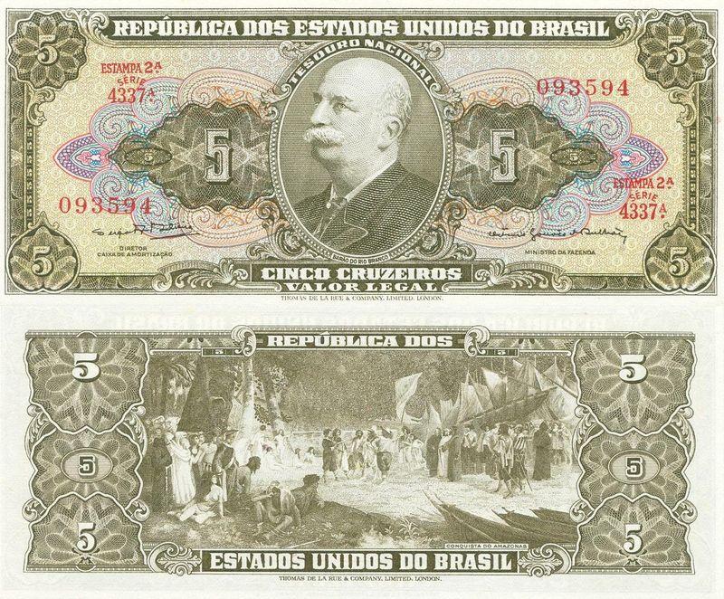 Бразилия 5 крузейро 1962-1964 P176d пресс unc