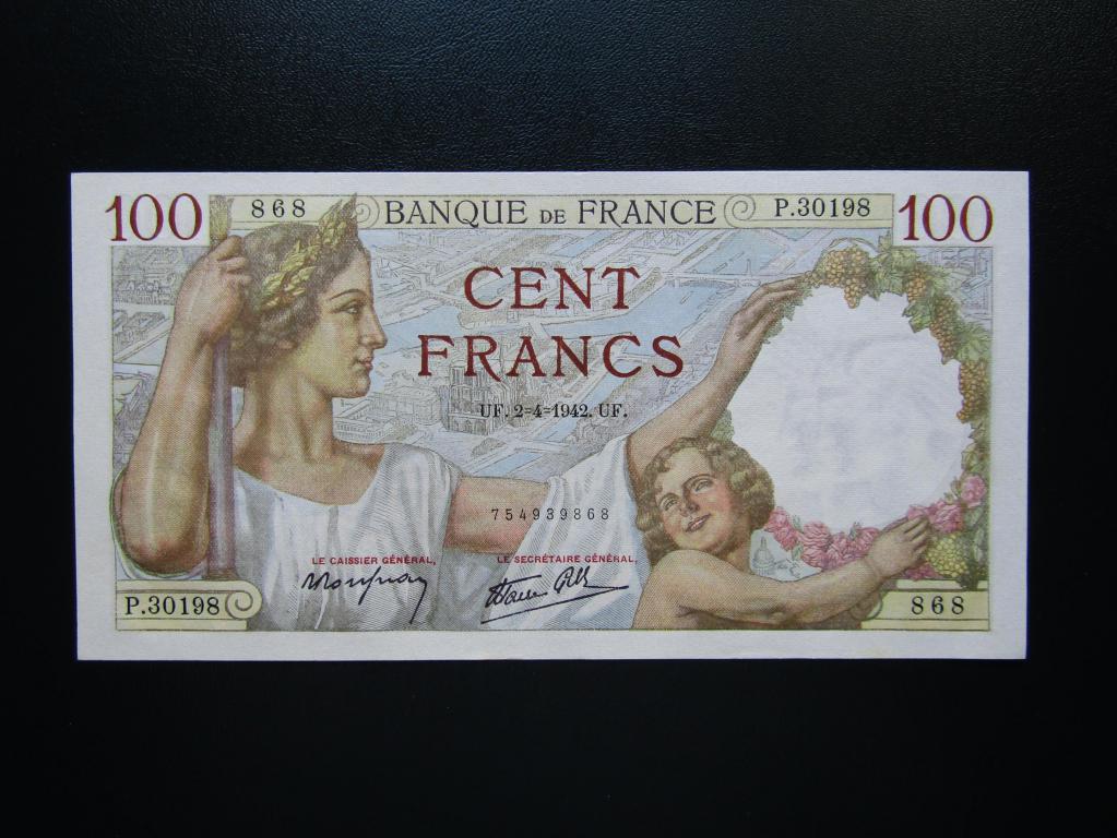 Франция - 100 франков 1942г.  UNC.