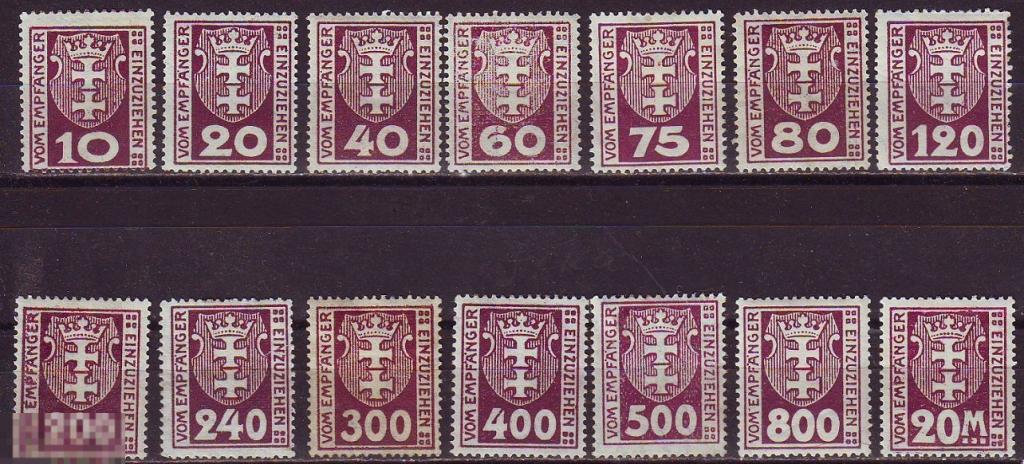 Германия Данциг Danzig 1921г. Mi№1а-14а доплатные porto серия * 