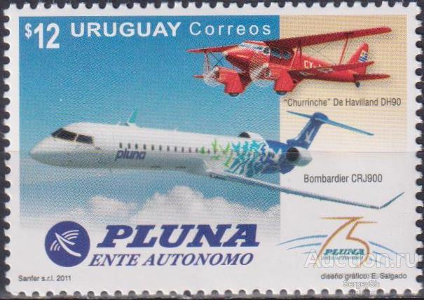 uy3196 Уругвай 2011г. 75 лет PLUNA Самолеты MNH