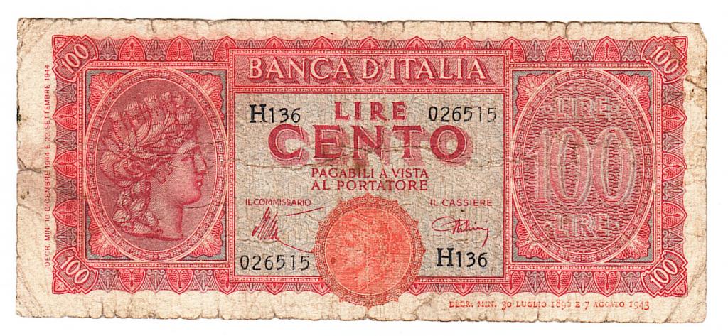 Италия 100 лир 1944 год бона.