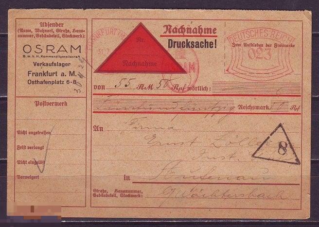 Германия рейх 1929 наложенный платеж, реклама &quot;OSRAM &quot; Редкость! 
