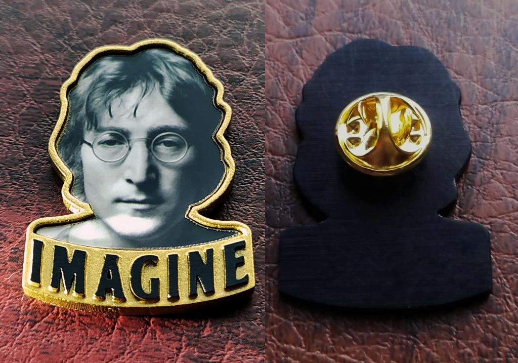 Фанатский значок Джон Леннон IMAGINE - БИТЛЗ - The Beatles ( 2 тип- надпись выпуклая чёрная)