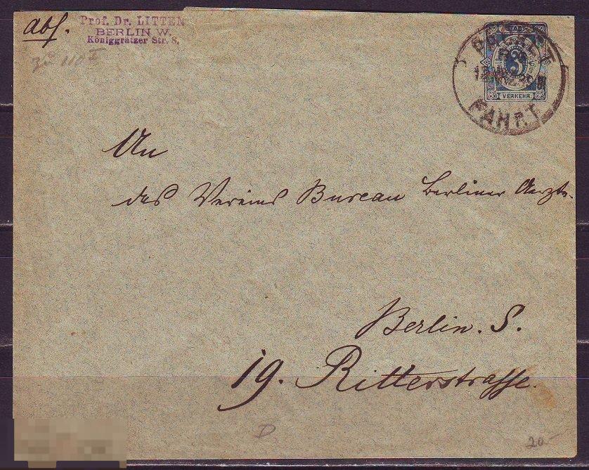 Германия городская частная почта Berlin Берлин конверт прош. почту 1898 г. 