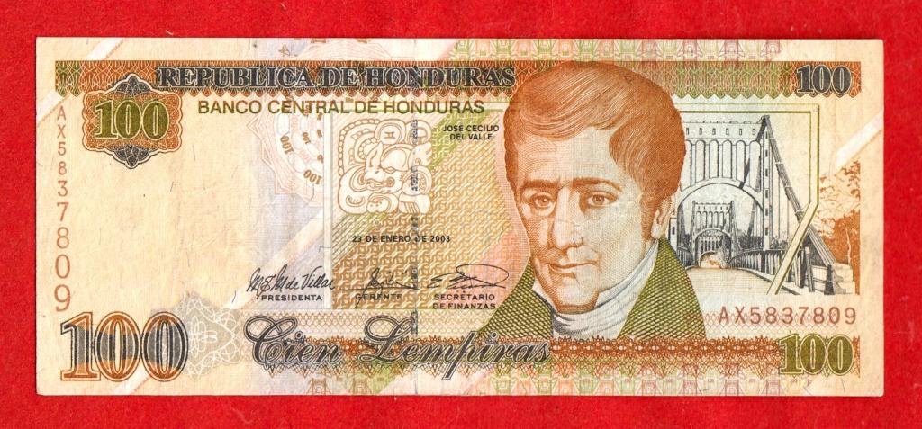 Гондурас, 100 лемпир, 2003 – РЕДКИЙ ГОД, VF++, AX 5837809 – ПЕРВАЯ ЛИТЕРА