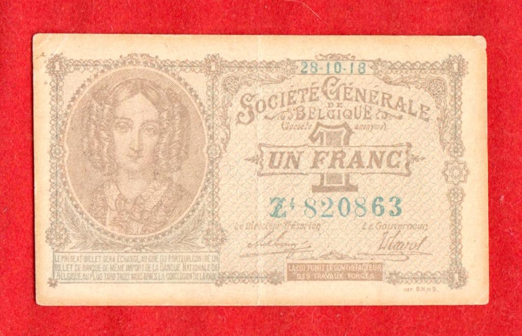 Бельгия, немецкая оккупация, 1 франк, 1918, XF, Z4 820863, РЕДКОСТЬ, RRR!!!