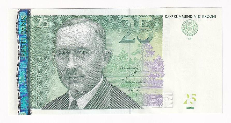 Эстония Банкнота 25 крон 2007 год Серия CT Волна Производственный дефект UNC (38866)