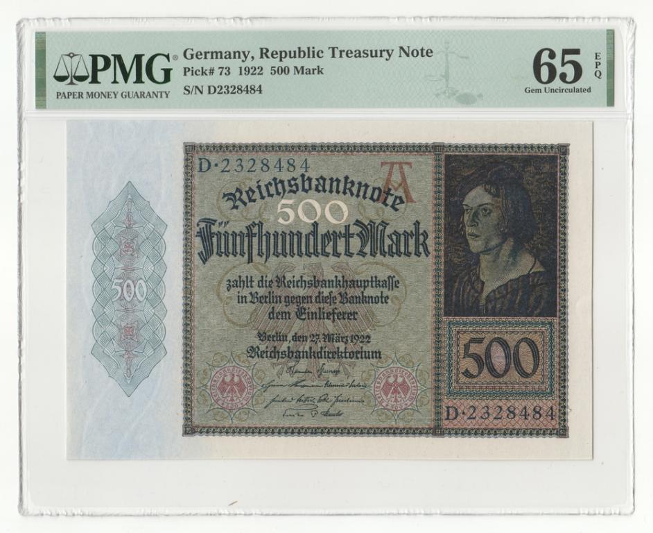 ГЕРМАНИЯ 500 марок 1922 P73 UNC PMG65