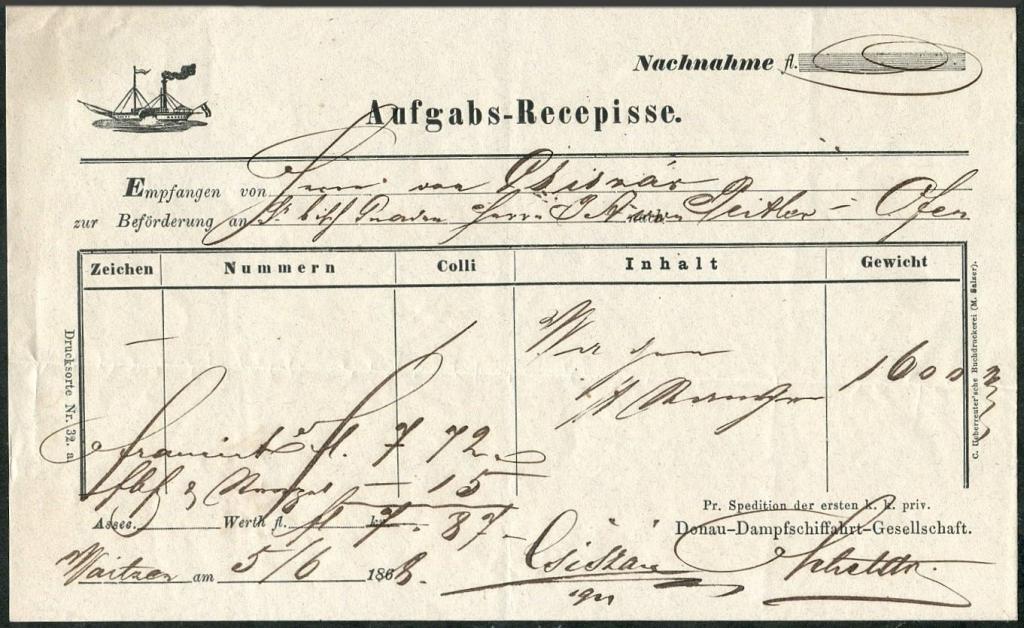 Австрия 1868 пароходная компания DDSG Дунайское пароходство фрахт-письмо накладная коносамент