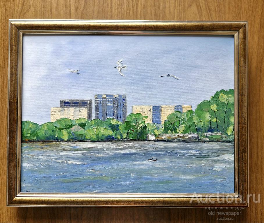 Картина. Город на реке . Масло, холст на картоне 30 на 40 см