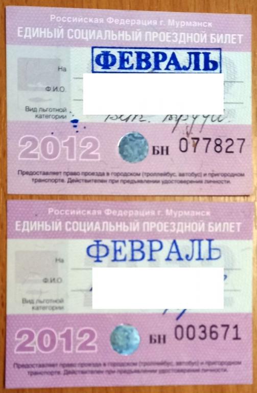 К20.136 МУРМАНСК ЕДИНЫЙ СОЦИАЛЬНЫЙ ПРОЕЗДНОЙ БИЛЕТ ФЕВРАЛЬ 2012, ПАРА ОДНИМ ЛОТОМ