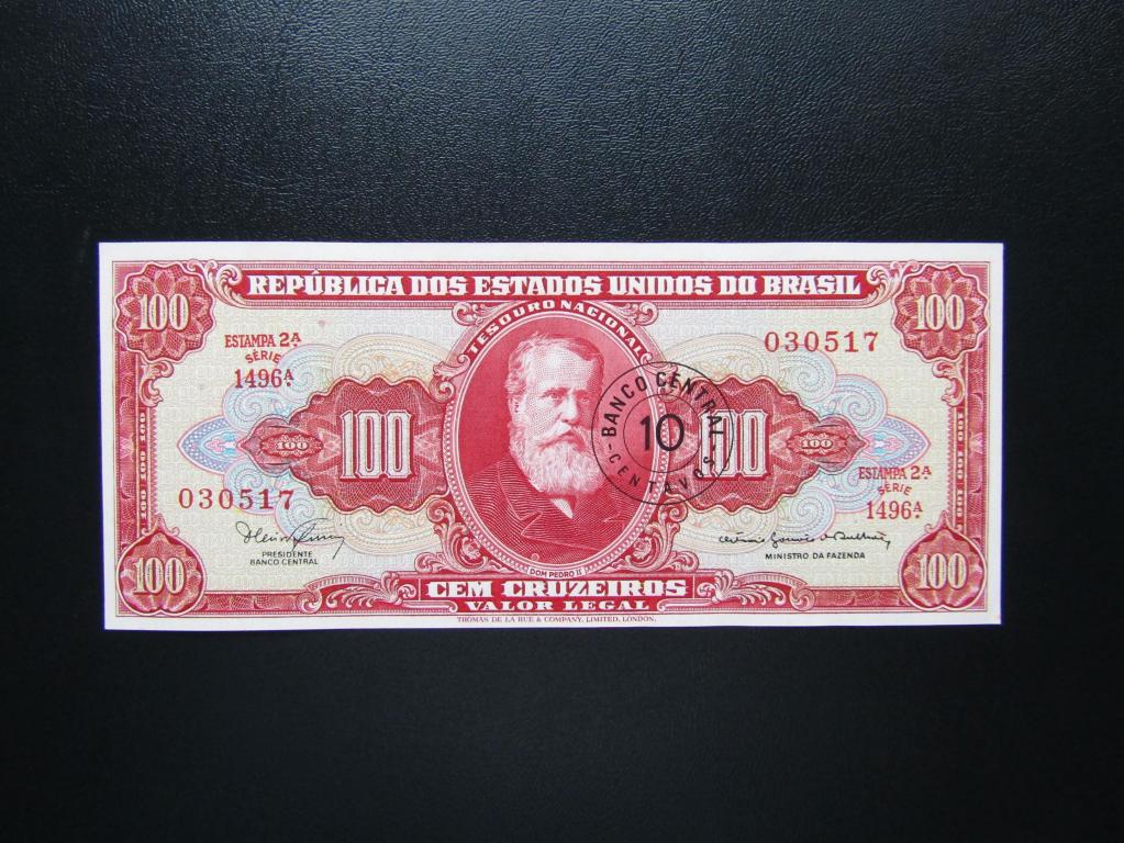 Бразилия -  10 центаво 1967г надпечатка на 100 крузейро   UNC.