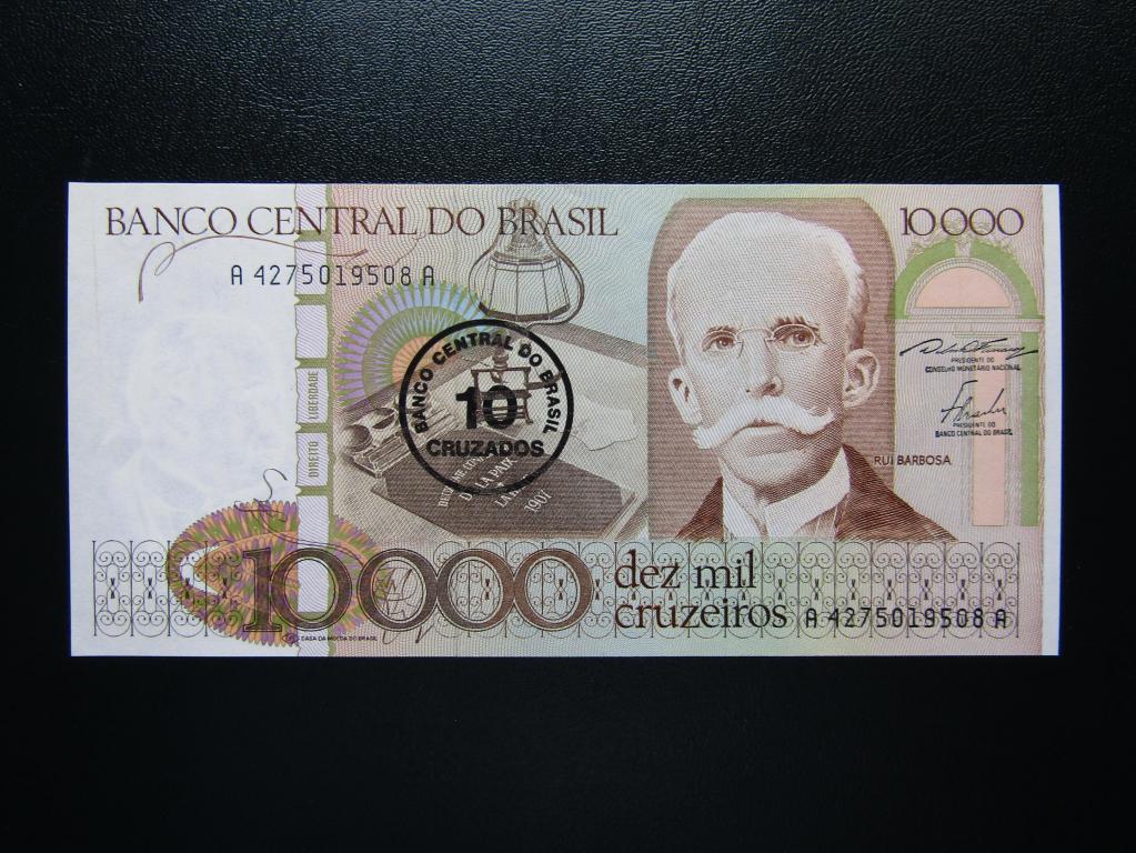 Бразилия - 10 крузадо 1986г. Надпечатка на 10000 крузейро.  UNC.