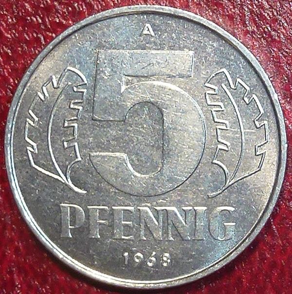 Германия. ГДР 5 пфеннигов 1968 года.
