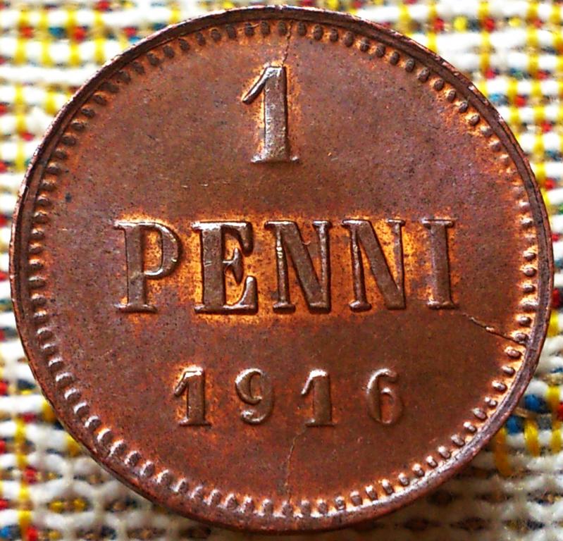 1  ПЕННИ  1916 г.  РУССКАЯ  ФИНЛЯНДИЯ .  UNC .  ШТЕМПЕЛЬНЫЙ БЛЕСК .  ОРИГИНАЛ .  № 6