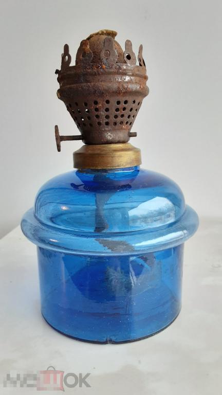 Колба емкость для керосиновой лампы. Керосинка. Кобальтовое стекло. До 1917 года 