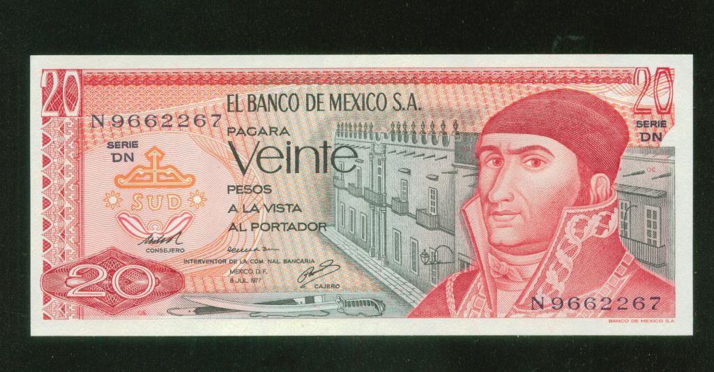 Бона Мексика 20 песо 1977 год UNC банкнота N 9662267