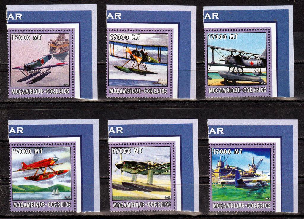 Марки Мозамбик 2002 г. Гидросамолеты MNH ** Транспорт Авиация Милитария