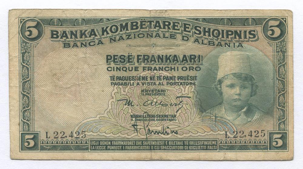 АЛБАНИЯ  5 ФРАНГ АРИ 1926 GF