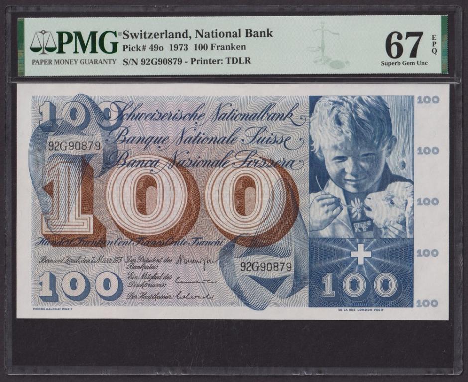 Швейцария 1973г 100 франков UNC (p.49о) слаб PMG-67 EPQ (90879)