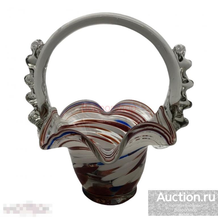 Конфетница-корзинка малая, с рельефной ручкой, чешское стекло, 1970-1990 г, Чехословакия