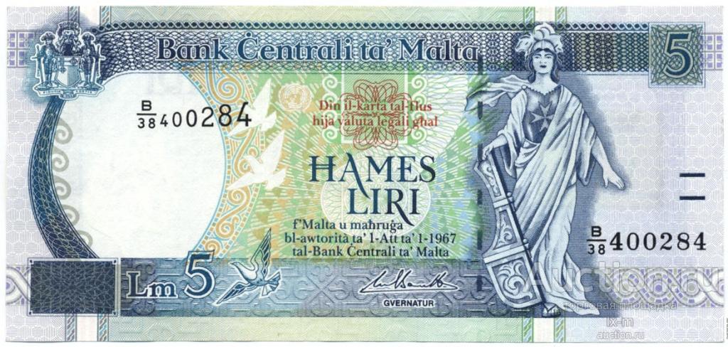 Мальта P46 1967 (1994) г. 5 лир UNC-