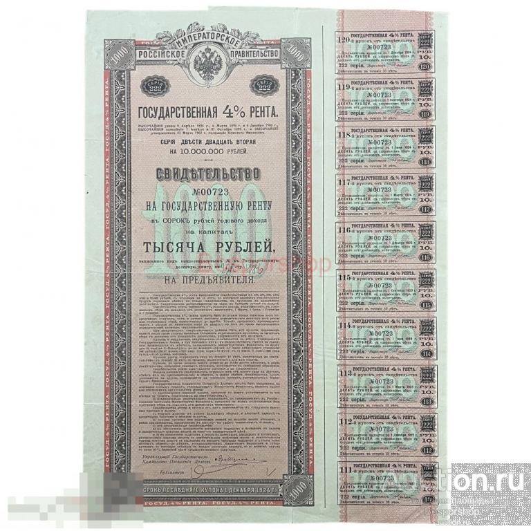 Государсвтенная 4% рента 1894-1902 гг. (Свидетельство на 1000 рублей) 