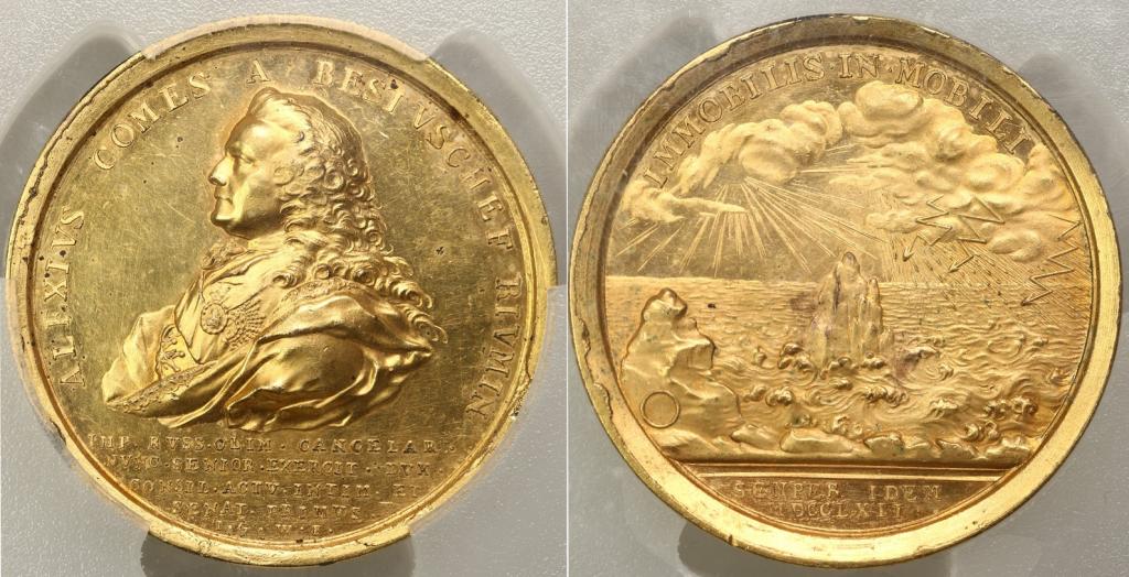 Медаль "Граф Алексей Бестужев-Рюмин" 1762 года. В слабе PCGS SP62