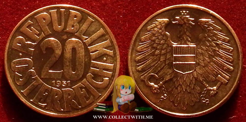 Австрия 20 грошей 1951 VF/XF KM-2877