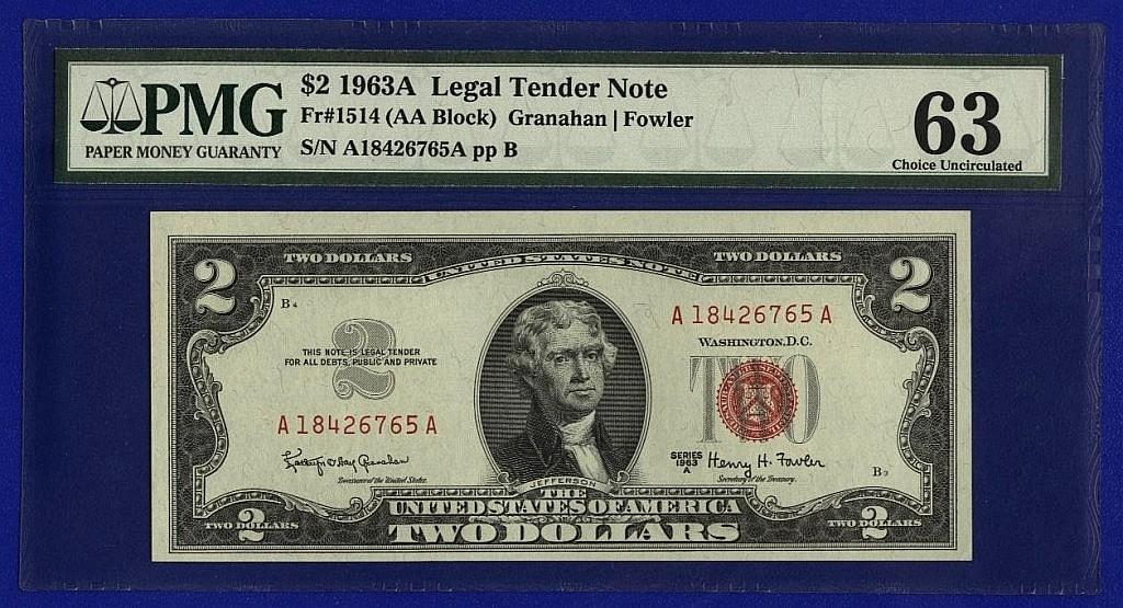 США 2 доллара 1963г А ..А 18426765 А слаб PMG 63