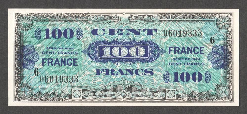 ФРАНЦИЯ Союзная оккупация 100 франков 1944 P123c UNC (Второй выпуск)